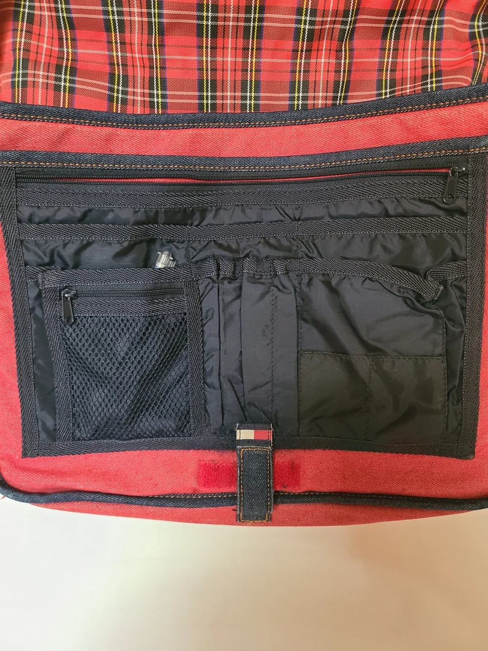 Vintage Tommy Hilfiger Red Denim Messenger Bag T Logo Plaid Lined Y2K